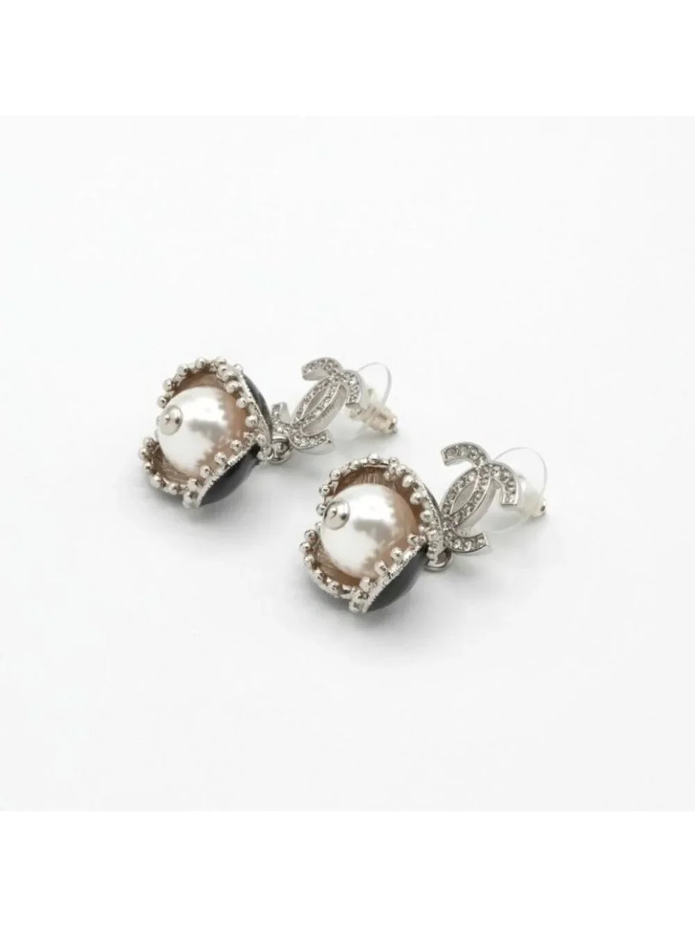 Chanel Earrings Silver Black Coco Mark Rhinestone Flower